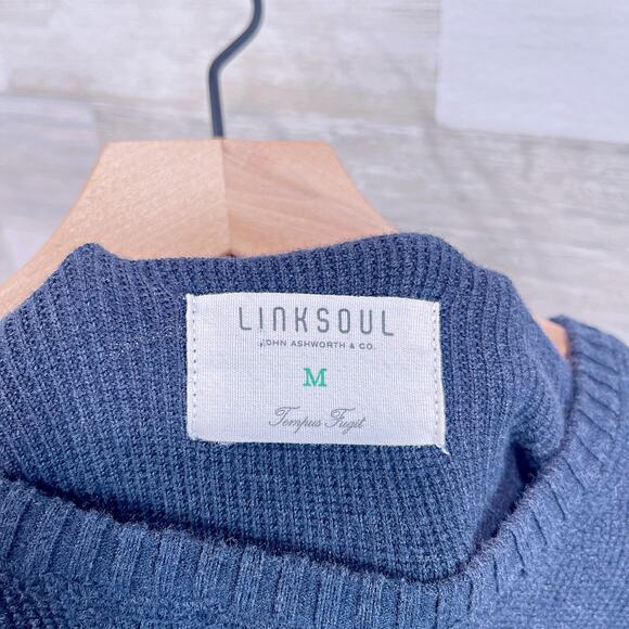 LINKSOUL Cotton Ribbed Crewneck Sweater Navy Blue Stretch Casual Mens Medium - Picture 6 of 7